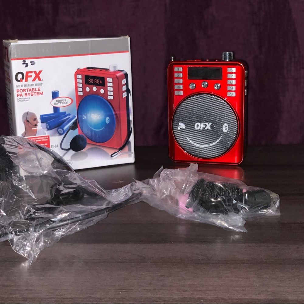 New QFX BT-94 3" Rechargeable PA Speaker System +USB/SD/FM/LED + Headworn Mic